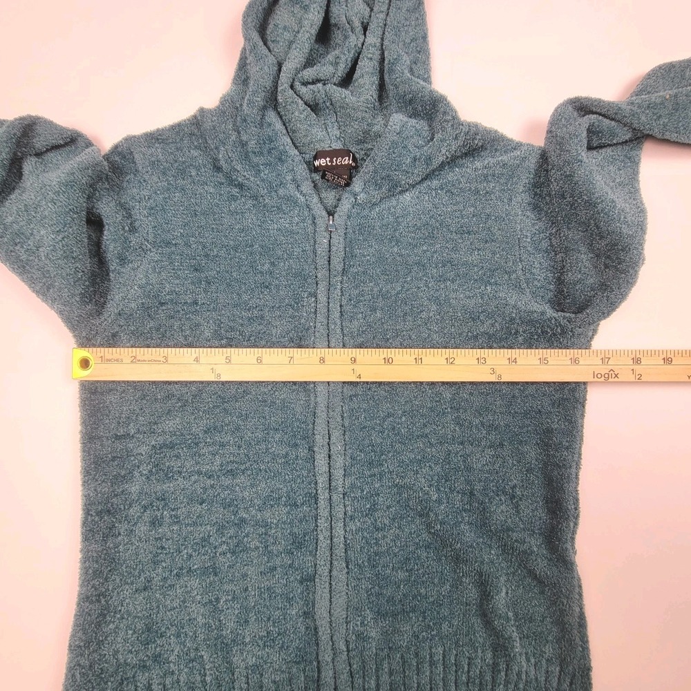Wet Seal Boucle Full ZIP Cropped Hoodie Sweater Teal Size Large - Picture 4 of 5